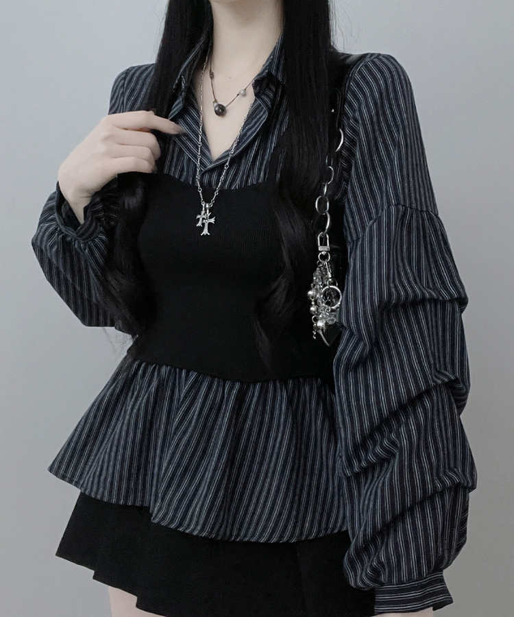 스트라이프뷔스티에레이어드주름핀턱셔츠남방 곤색