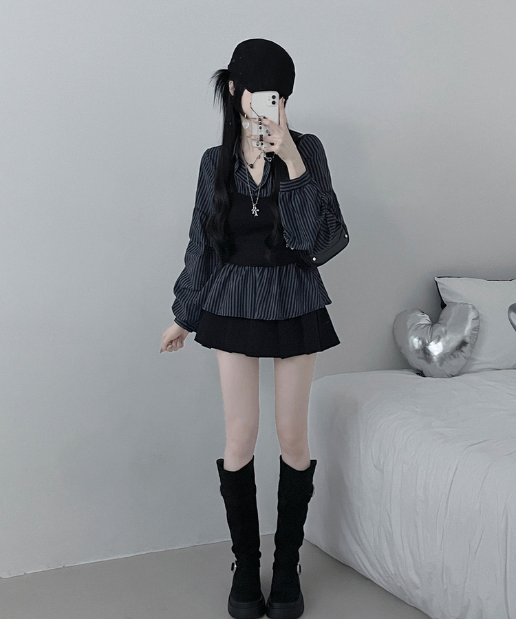 스트라이프뷔스티에레이어드주름핀턱셔츠남방 곤색