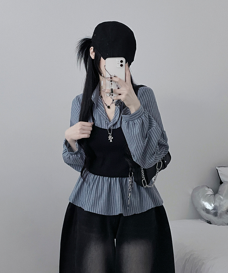 스트라이프뷔스티에레이어드주름핀턱셔츠남방 소라