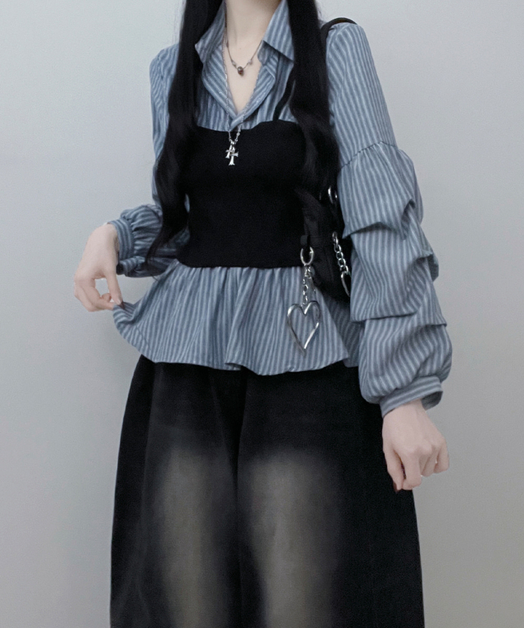 스트라이프뷔스티에레이어드주름핀턱셔츠남방 소라