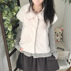 스노우 단추 폼폼 퍼 카라 밍크 조끼 반팔 자켓 아우터 아이보리