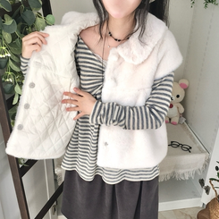 스노우 단추 폼폼 퍼 카라 밍크 조끼 반팔 자켓 아우터 아이보리