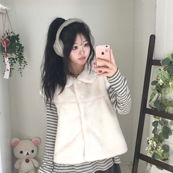 스노우 단추 폼폼 퍼 카라 밍크 조끼 반팔 자켓 아우터 아이보리