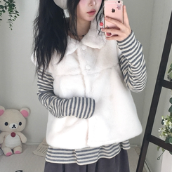 스노우 단추 폼폼 퍼 카라 밍크 조끼 반팔 자켓 아우터 아이보리