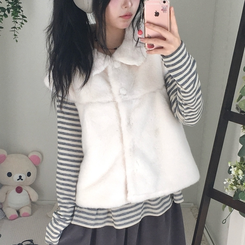 스노우 단추 폼폼 퍼 카라 밍크 조끼 반팔 자켓 아우터 아이보리