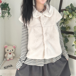 스노우 단추 폼폼 퍼 카라 밍크 조끼 반팔 자켓 아우터 아이보리