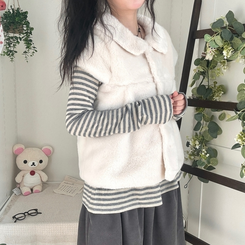 스노우 단추 폼폼 퍼 카라 밍크 조끼 반팔 자켓 아우터 아이보리