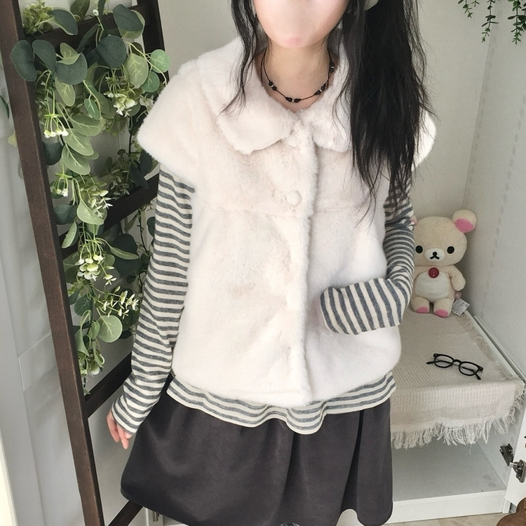 스노우 단추 폼폼 퍼 카라 밍크 조끼 반팔 자켓 아우터 아이보리