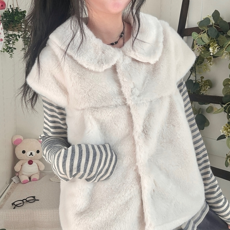 스노우 단추 폼폼 퍼 카라 밍크 조끼 반팔 자켓 아우터 아이보리