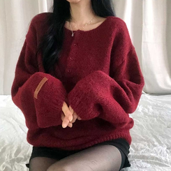 オーバーフィットヘンリーネックニット(5color) RED