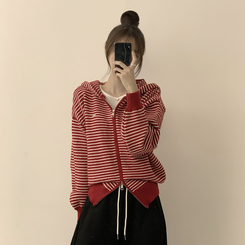 겨울까지 따뜻한 에리 팬던트 오버핏 겨울 긴팔 니트 후드 집업 루즈핏 가디건 데일리 상의 5color 레드