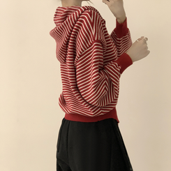 겨울까지 따뜻한 에리 팬던트 오버핏 겨울 긴팔 니트 후드 집업 루즈핏 가디건 데일리 상의 5color 레드