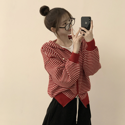 겨울까지 따뜻한 에리 팬던트 오버핏 겨울 긴팔 니트 후드 집업 루즈핏 가디건 데일리 상의 5color 레드