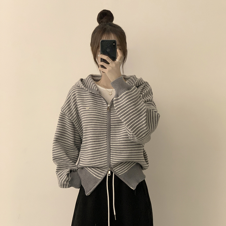 겨울까지 따뜻한 에리 팬던트 오버핏 겨울 긴팔 니트 후드 집업 루즈핏 가디건 데일리 상의 5color 그레이