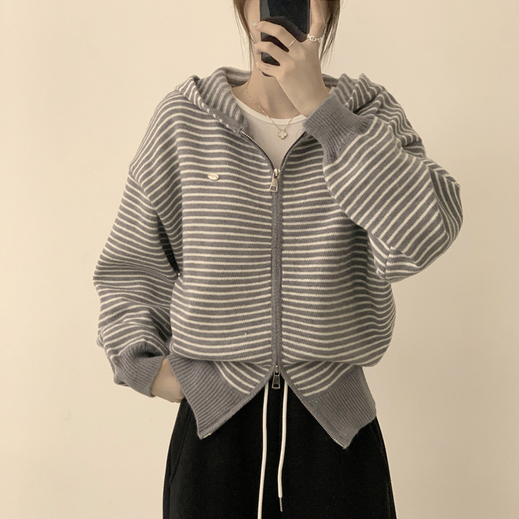 겨울까지 따뜻한 에리 팬던트 오버핏 겨울 긴팔 니트 후드 집업 루즈핏 가디건 데일리 상의 5color 그레이