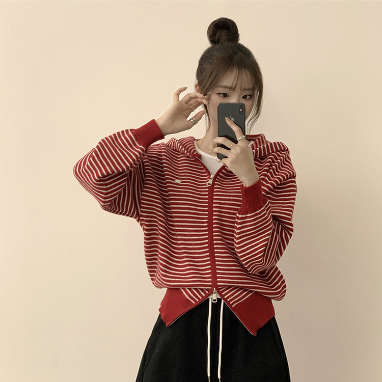 겨울까지 따뜻한 에리 팬던트 오버핏 겨울 긴팔 니트 후드 집업 루즈핏 가디건 데일리 상의 5color 레드
