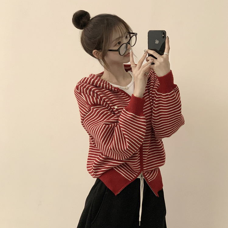 겨울까지 따뜻한 에리 팬던트 오버핏 겨울 긴팔 니트 후드 집업 루즈핏 가디건 데일리 상의 5color 레드