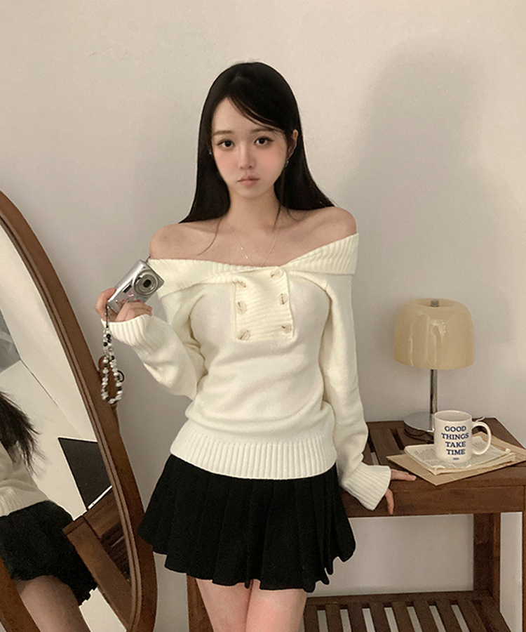 더블버튼 오프숄더 숄 니트 아이보리