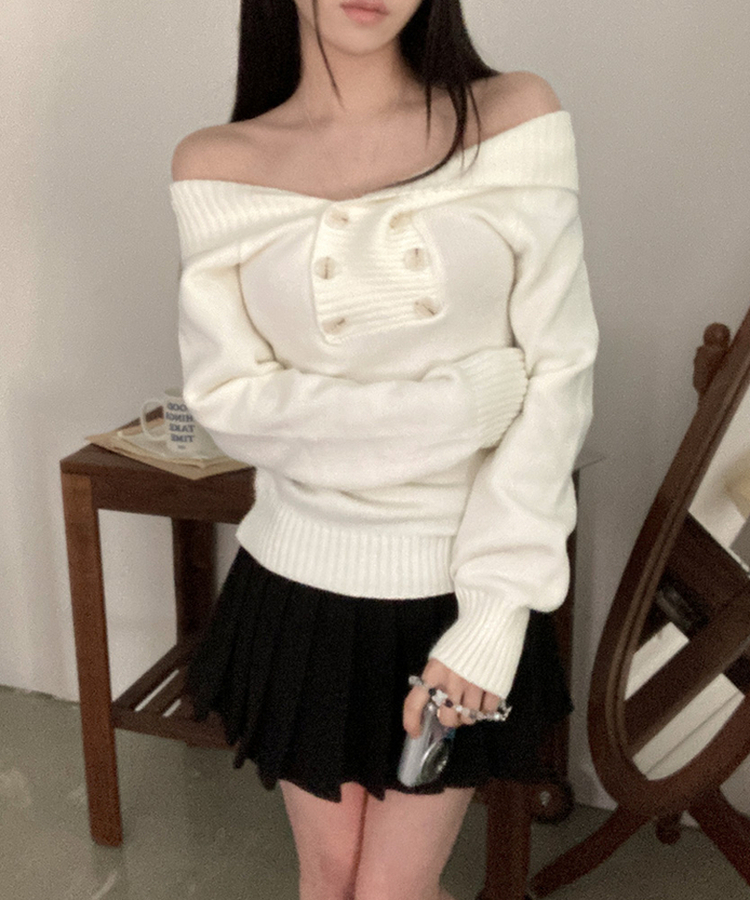 더블버튼 오프숄더 숄 니트 아이보리