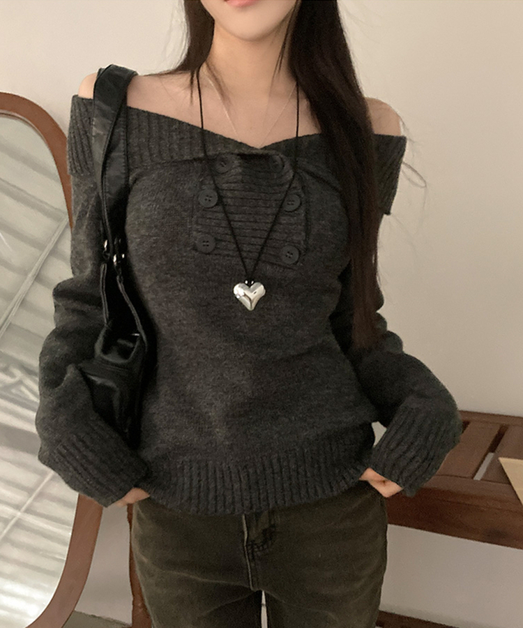 더블버튼 오프숄더 숄 니트 차콜