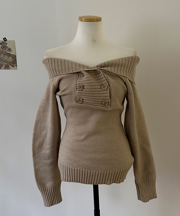 더블버튼 오프숄더 숄 니트