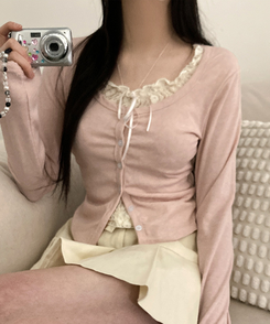 원더 레이스 레이어드 리본 발레코어 가디건 핑크