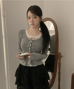원더 레이스 레이어드 리본 발레코어 가디건 그레이