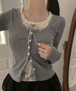 원더 레이스 레이어드 리본 발레코어 가디건 그레이