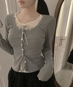 원더 레이스 레이어드 리본 발레코어 가디건 그레이