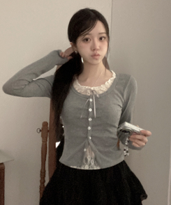 원더 레이스 레이어드 리본 발레코어 가디건 그레이