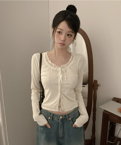 원더 레이스 레이어드 리본 발레코어 가디건 베이지