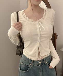 원더 레이스 레이어드 리본 발레코어 가디건 베이지