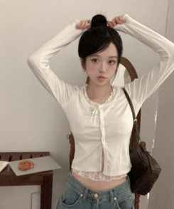 원더 레이스 레이어드 리본 발레코어 가디건 베이지