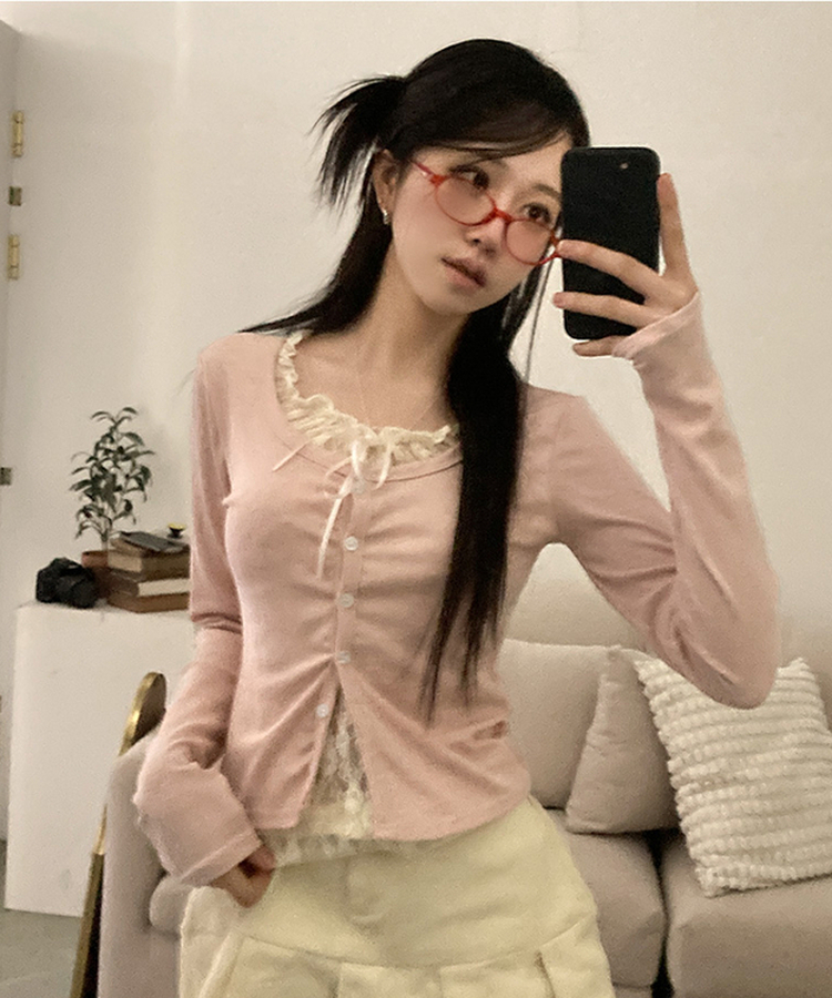 원더 레이스 레이어드 리본 발레코어 가디건 핑크