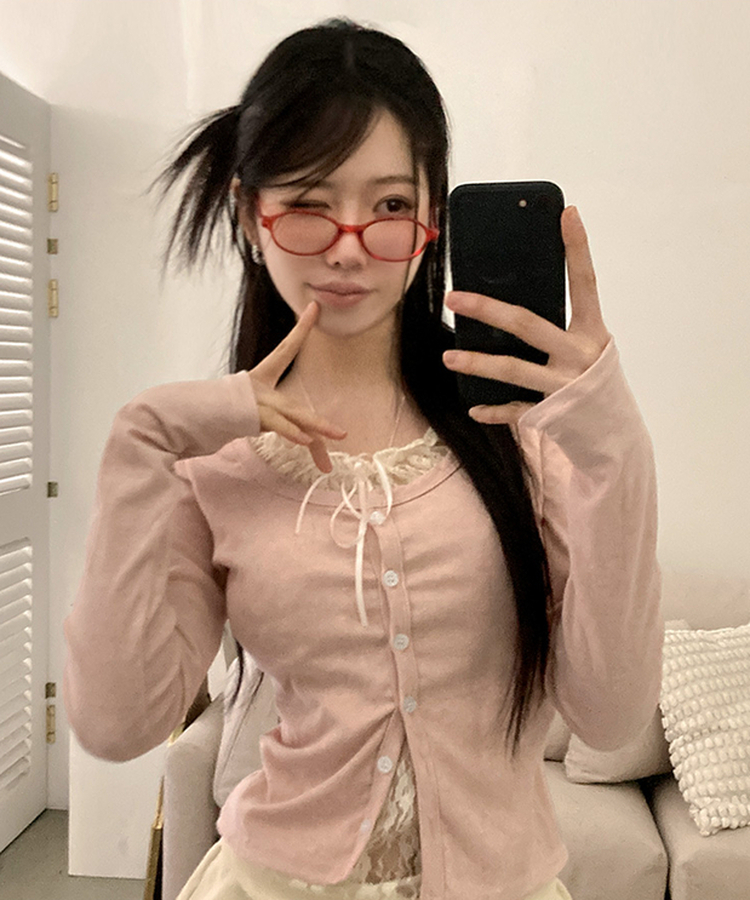 원더 레이스 레이어드 리본 발레코어 가디건 핑크