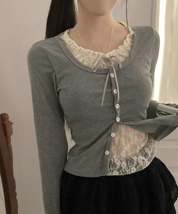 원더 레이스 레이어드 리본 발레코어 가디건 그레이