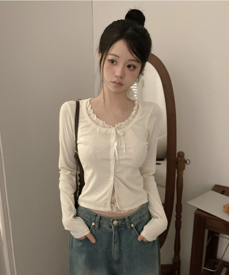 원더 레이스 레이어드 리본 발레코어 가디건 베이지