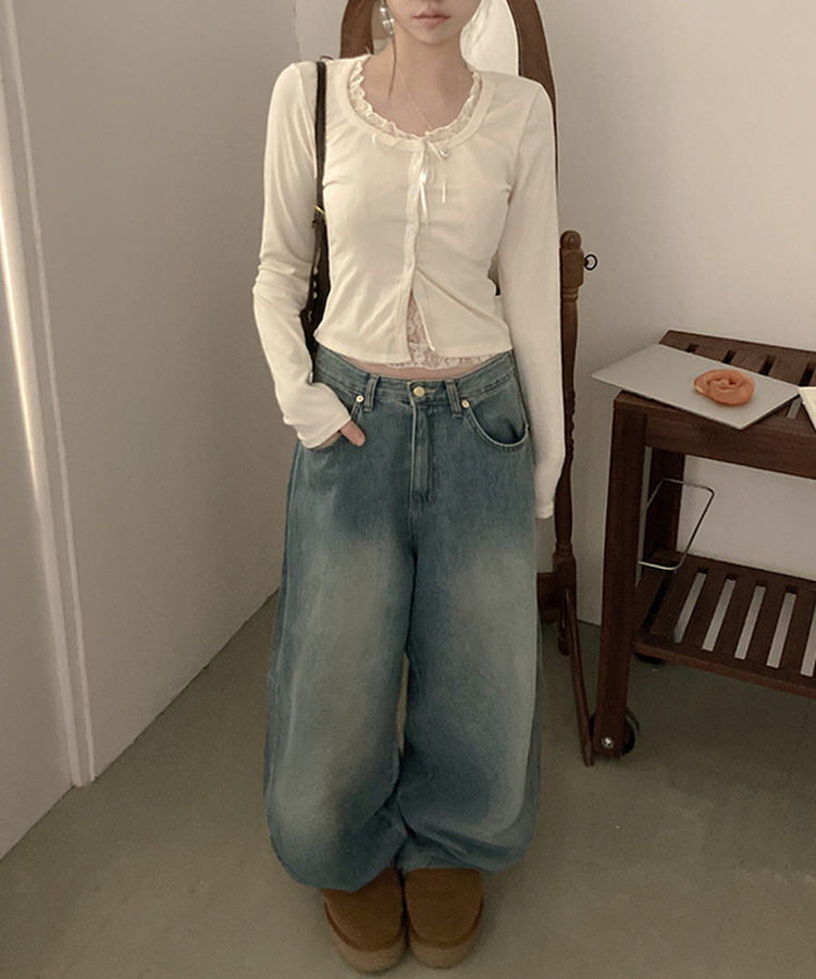 원더 레이스 레이어드 리본 발레코어 가디건 베이지