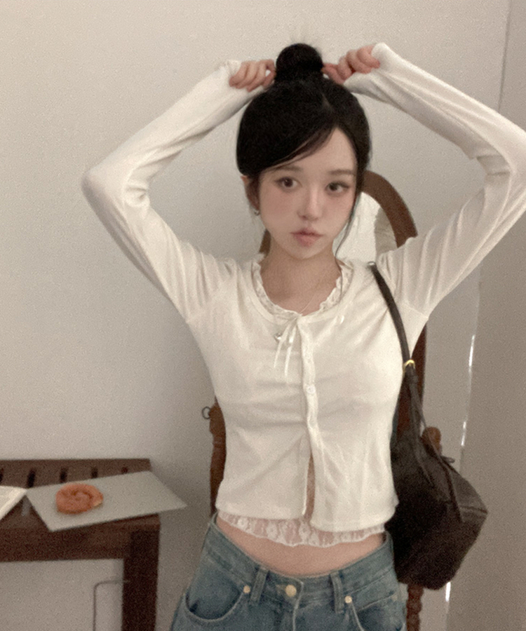 원더 레이스 레이어드 리본 발레코어 가디건 베이지