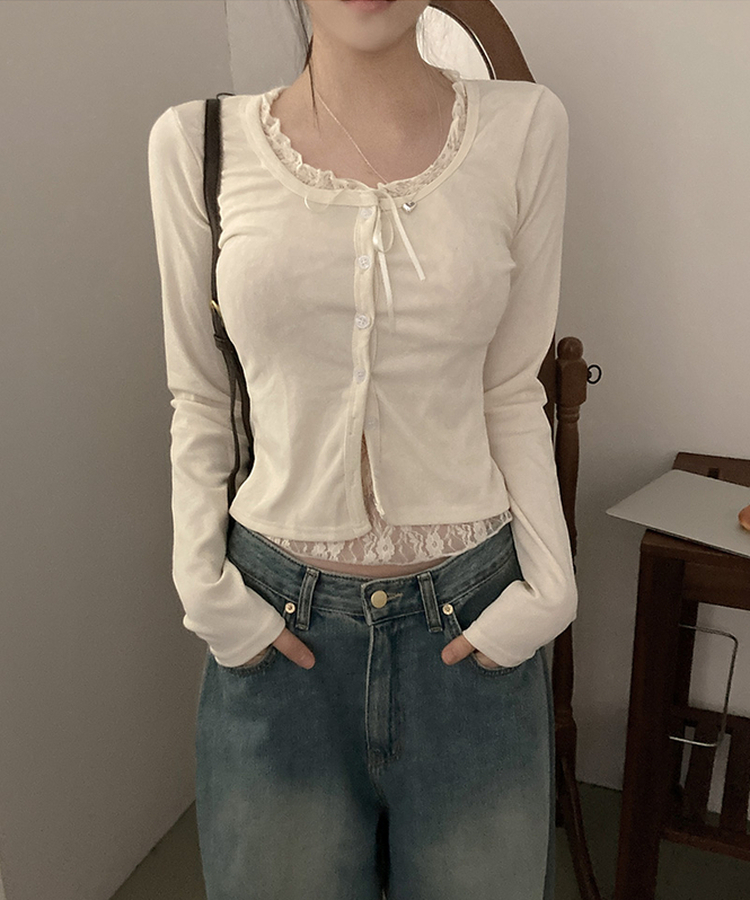 원더 레이스 레이어드 리본 발레코어 가디건 베이지