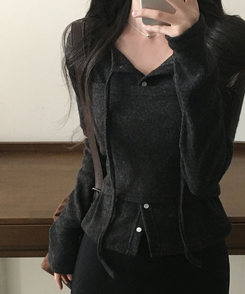세컨드 기모 끈 레이어드 여리핏 니트탑 버튼 가디건 세트 차콜