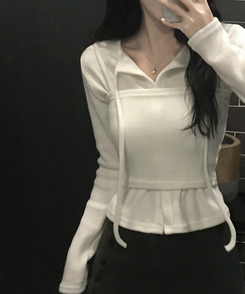 세컨드 기모 끈 레이어드 여리핏 니트탑 버튼 가디건 세트 아이보리