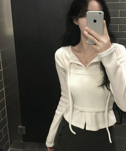 세컨드 기모 끈 레이어드 여리핏 니트탑 버튼 가디건 세트 아이보리