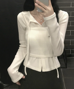 세컨드 기모 끈 레이어드 여리핏 니트탑 버튼 가디건 세트 아이보리