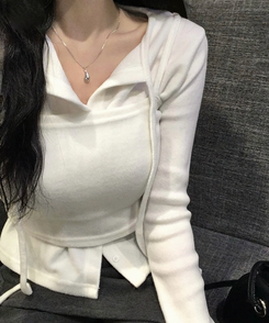 세컨드 기모 끈 레이어드 여리핏 니트탑 버튼 가디건 세트 아이보리