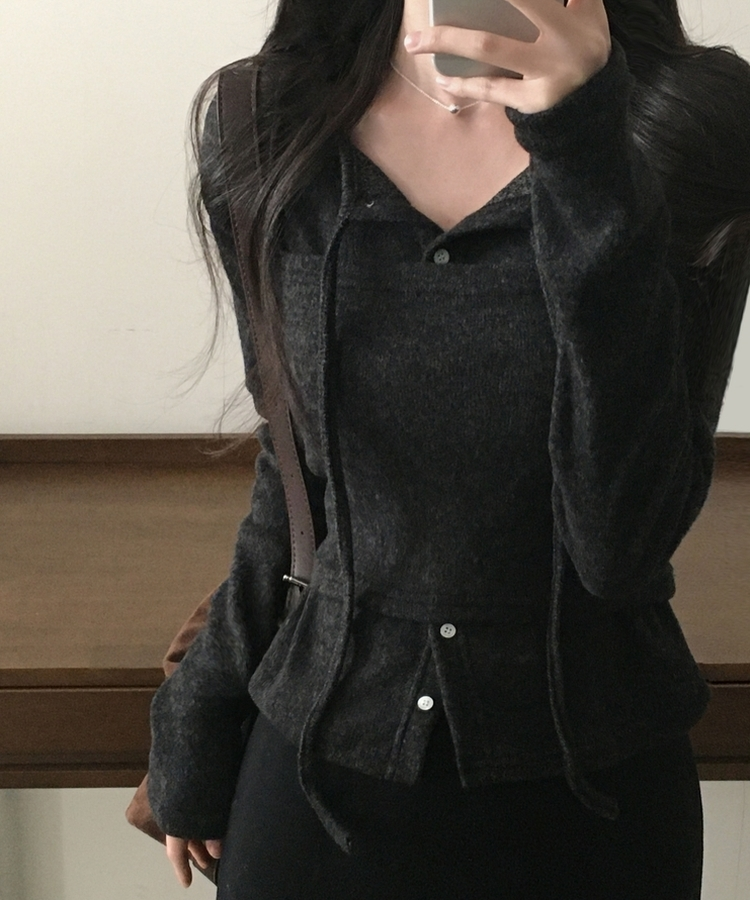 세컨드 기모 끈 레이어드 여리핏 니트탑 버튼 가디건 세트 차콜