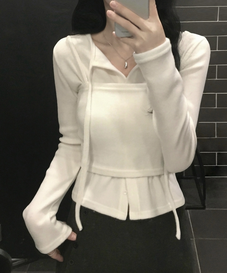 세컨드 기모 끈 레이어드 여리핏 니트탑 버튼 가디건 세트 아이보리