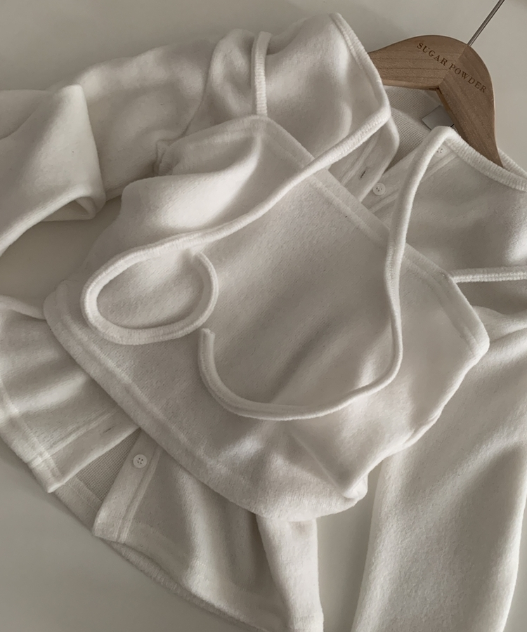 세컨드 기모 끈 레이어드 여리핏 니트탑 버튼 가디건 세트