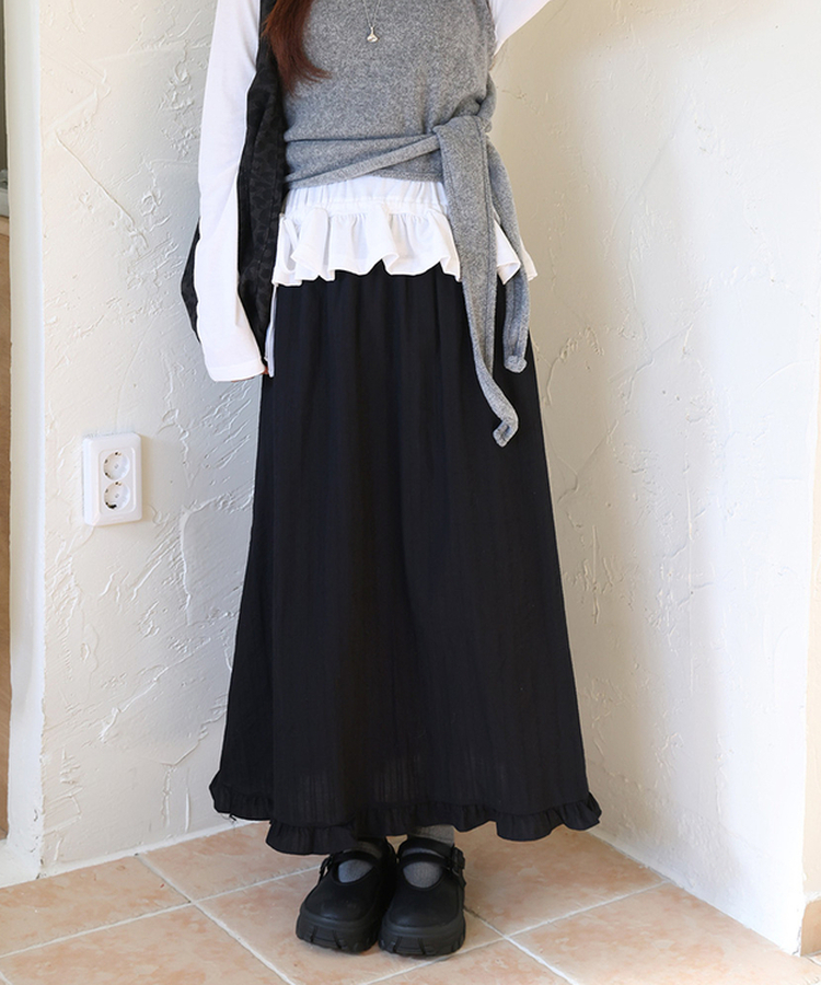 アイレットフリルロングスカート BLACK