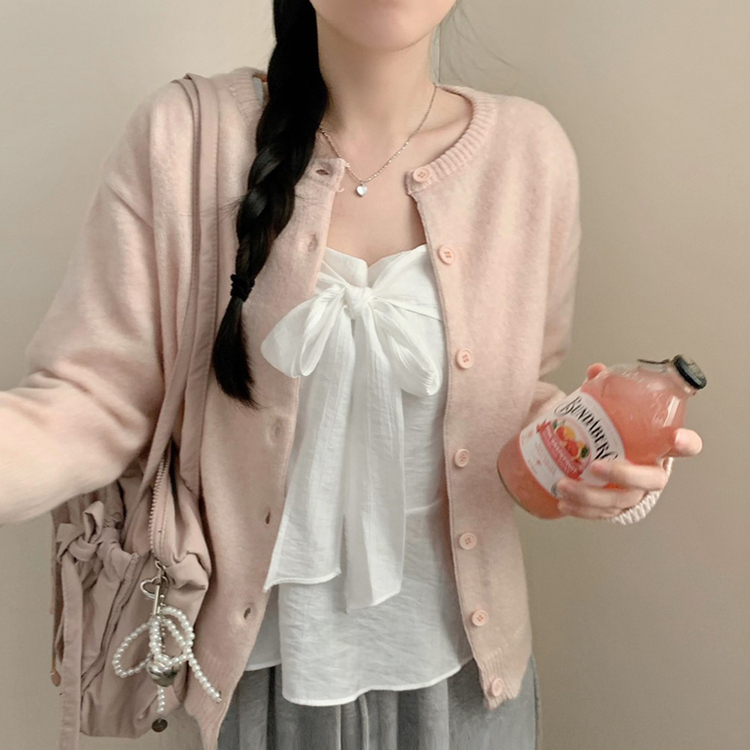 비비 라운드넥 긴팔 니트 가디건 파스텔 핑크 소라 봄 봄옷 니트가디건 봄가디건 벚꽃 가을 가을옷 핑크